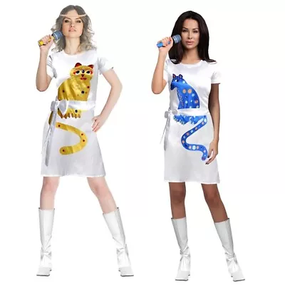 Abba Frida Agnetha Ladies 80s Costume Yellow Or Blue Cat Dress Dancing Queens • $55.55