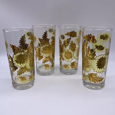 4 Vintage Mid Century 6 1/2  Tumblers Gold Leaves & Flowers Drinking Glasses • $15.99