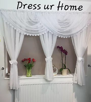 £28.99 • Buy Amazing Voile Net Curtain With Swags And Guipure Lace All In One Tape Bows Tie