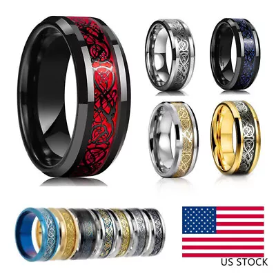 Men Women Gold Plated Blue Black Red Stainless Steel Celtic Dragon Band Ring 8mm • $7.90