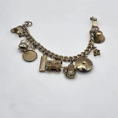 Vintage Charm Bracelet Gold Tone Cup Wagon Bell 7  • $33.29