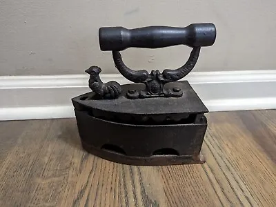 Antique 1900s Sad Iron Charcoal Coal Cast Iron Press Rooster Latch Wood Handle • $40