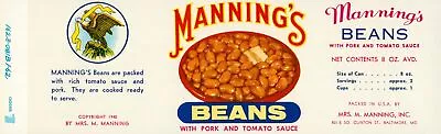 C1962 Mrs Manning's Pork Tomato Beans Can Label Baltimore MD Eagle Ribbon USA • $12.50