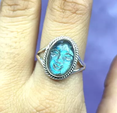 Natural Blue Fire Labradorite Face Carved Gemstone Ring In 925 Sterling Silver • $27.07