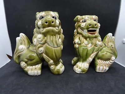 Pair Of Vintage Foo Temple Dogs In Green And Beige • $49.33