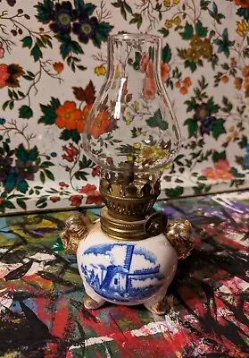 Vintage Viking Mini Porcelain Oil Lamp Blue And White Windmill Delft And Gold • $21