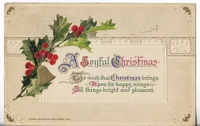 VTG Christmas Postcard-A Joyful Christmas - Holly & Berries Gold Bell Germany • $2.59