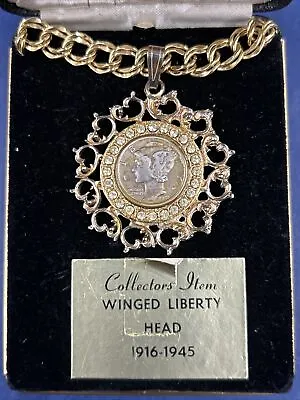 Vintage 1941 Mercury Dime Gold Toned Medallion Necklace With 23” Chain D7 • $39.60