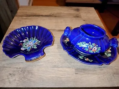 Vintage Veritable Bleu De Four Porcelain Cobalt Blue Shell Dish Bowl And Tray • £10
