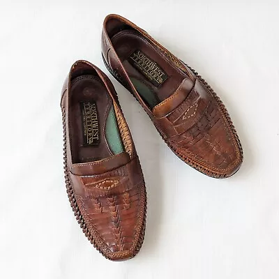 Size Eu 42.5 90s Woven Leather Loafers Vintage Shoes Mens Boat Slip On   • £28.20