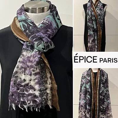 EPICE Paris $359 Open Weave Wool Pale Green/Purple/Tan Floral Scarf  70cm X190cm • $199