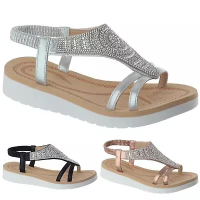 £14.99 • Buy New Ladies Womens Diamante Flat Low Heel Wegde Summer Comfy Sandals Shoes Size