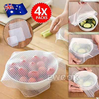 $6.45 • Buy 4x Reusable Silicone Bowl Wraps Kitchen Cover Food Stretch Lid Fresh Seal Set