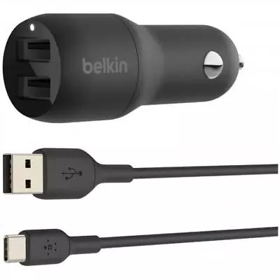 Belkin BoostCharge Dual USB-A Car Charger 24W + USB-A To USB-C Cable • $34.16