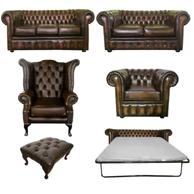 Genuine Leather Antique Brown Chesterfield Sofa Settee 3 2 Seater Armchair Stool • £198.99