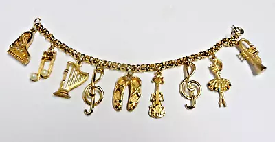 Vintage Jewelry Charm Bracelet Gold Tone Rhinestone Music Figural Ballet Musical • $14.99