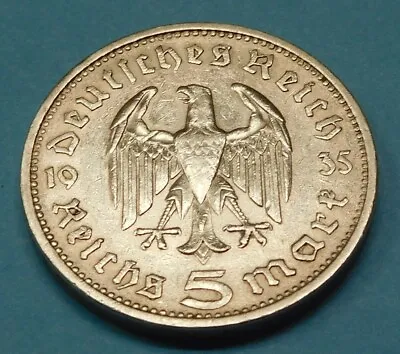 1935-a Third Reich GERMANY 5 MARK COIN - EAGLE & HINDENBURG - SILVER • $22.95