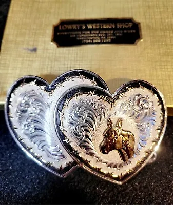 Montana Silversmiths Double Heart Western Belt Buckle Gold Trim W/ Horse • $38.14