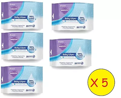 Babylove Water Wipes Best Value Travel Packs 5 Pk X 20 Wipes Baby Love 99% Water • $19.99