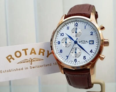 NEW Rotary Mens Watch Easy To Read Brown Leather Blue Numerals RRP£220 (r80 • £99