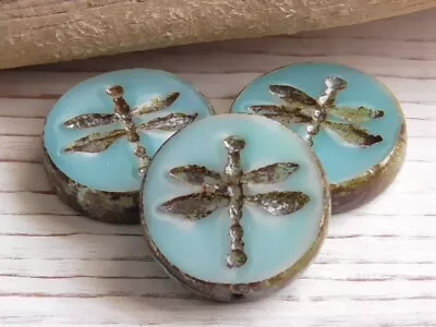 3 - 18mm CZECH LT BLUE SILK PICASSO DRAGONFLY DAMSEL FLY TABLE CUT COIN BEADS • $4.55
