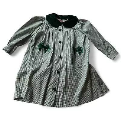 Vintage Green Houndstooth Plaid Peter Pan Collar Long Sleeve Toddler Dress 4T • $30