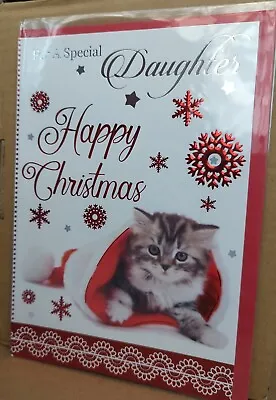 Daughter Special Christmas Card Cute Cat Red Santa Hat • £1.99