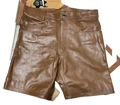 Men's Cow Leather Shorts Brown Casual 5 Pockets Shorts Zipper Fly • $69.99