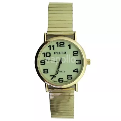 Gents Watch Gold Expander Bracelet Glow In Dark Easy Read Dial Pelex PLX-027 • £9.73