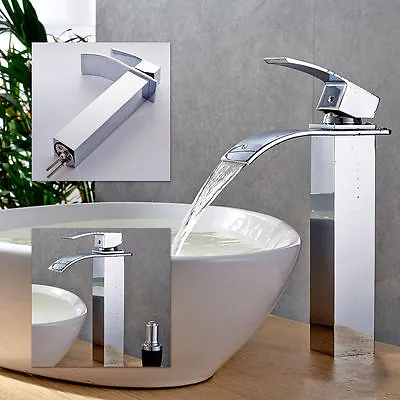 Waterfall Counter Top Basin Mixer Tap Bathroom Sink Tall Chrome Faucet • £59.57