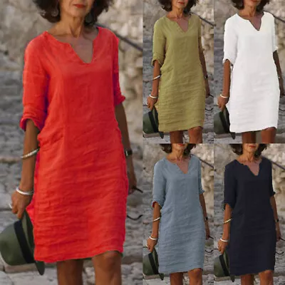 Womens V Neck Cotton Linen Dress Ladies Holiday Casual Print Dresses Plus Size • £14.99