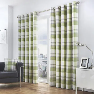 Green Balmoral Check Traditional Country Tartan Lined Eyelet Ring Top Curtains • £21.99