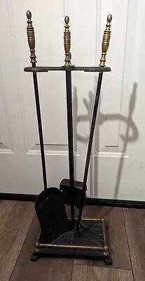 Vintage Wrought Iron Brass Handle Fireplace Tool Set Shovel Brush Black Poker • $49.99