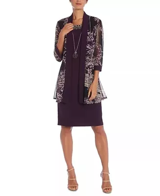 R & M Richards Women's Petite Dress Puff-Print Jacket & Necklace Purple Size 4 P • $27.50