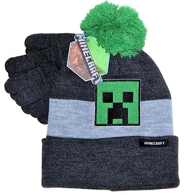 MINECRAFT CREEPER Boys Knit Winter Cuffed Beanie Hat & Gloves Set W/ Pom-Pom $25 • $15.19