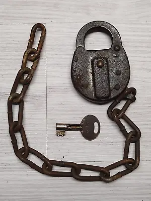 Antique Locking Hardware Old Padlock Vintage Heavy Lock & Key Steel Chain • $19.95
