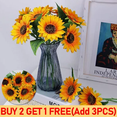 7 Heads Sunflowers Artificial Fake Flower Bouquet Garden Party Wedding Decor • £3.99