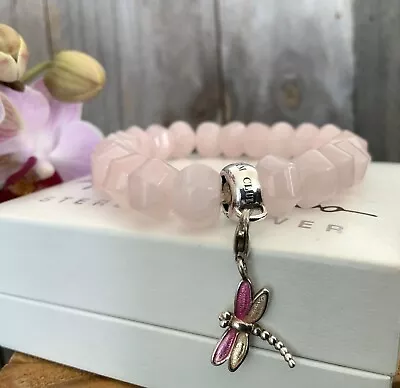 THOMAS SABO 925 Sterling Silver Dragonfly Charm On Rose Quartz Stretchy Bracelet • $79