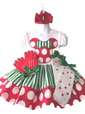 Girls Minnie Mouse Holiday Dress And Bow Red And Green All Sizes Custom Boutique • $10