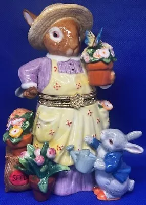 Vintage CWC Easter Bunny Rabbit Gardening Fowers Porcelain Trinket Jewelry Box • $19.99