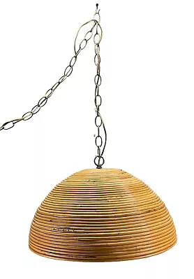 Vintage Large 1970’s Rattan Bamboo & Brass Loop Pendant 18 Inch Hanging Light • $250