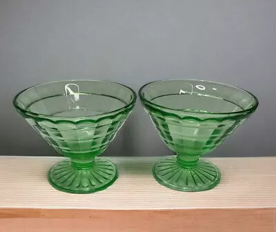 Green Depression Glass Block Optic Dessert Sherbet Cups UG UV Glows Vintage • $15.99