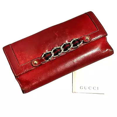 Vintage Gucci Sherry Line Bifold Wallet Red Leather Auth From JAPAN 0102 • $74.99
