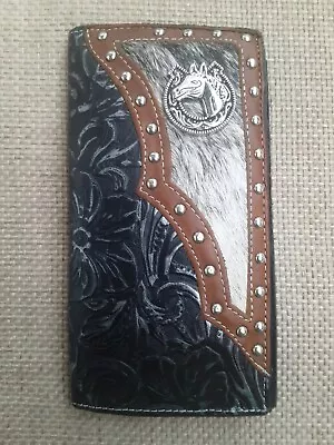 Studded Floral Tooled Leather Bifold Wallet W/Horse Emblem & Horse Or Cow Hair • $19.99