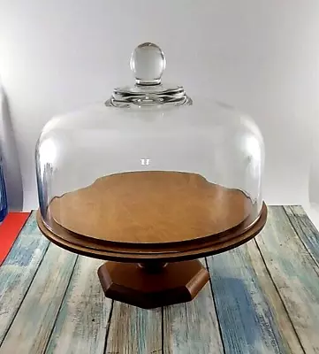 Vintage Wooden Pedestal Cake Stand Clear Glass 11  Dome • $39.99