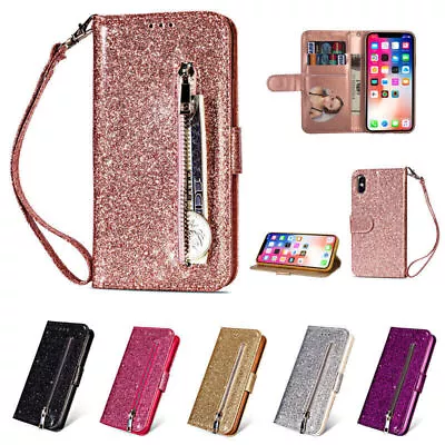 Case For IPhone 14 13 12 11 Pro Max X XR 8 7 Zip Leather Wallet Flip Bling Cover • $12.98