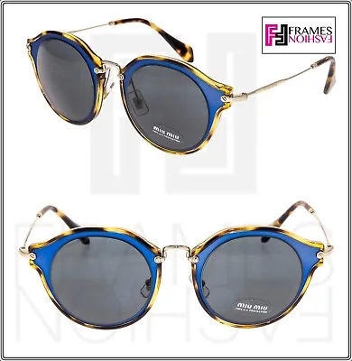 MIU MIU NOIR 51S Blue Havana Gold Sunglasses Metal Round Women MU51SS Authentic • $154.80