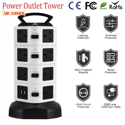 Smart Tower Vertical Power Strip Extension Lead Sockets 2 USB 15Ways Plug UK • £25.99