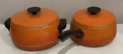 Vintage 1970’s Set Of 2 - Kitchen – Orange Aluminium Saucepans • $20