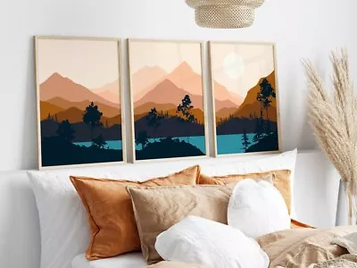 Set Of 3 Landscape Sunset Sky Mountains Forest Vector Wall Art Home Decor • $22.46